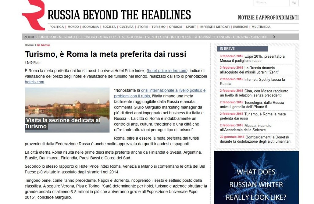 Turismo russo a Roma: intervista a Giulio Gargiullo su "Russia Beyond the Headlines" (Russia Oggi)